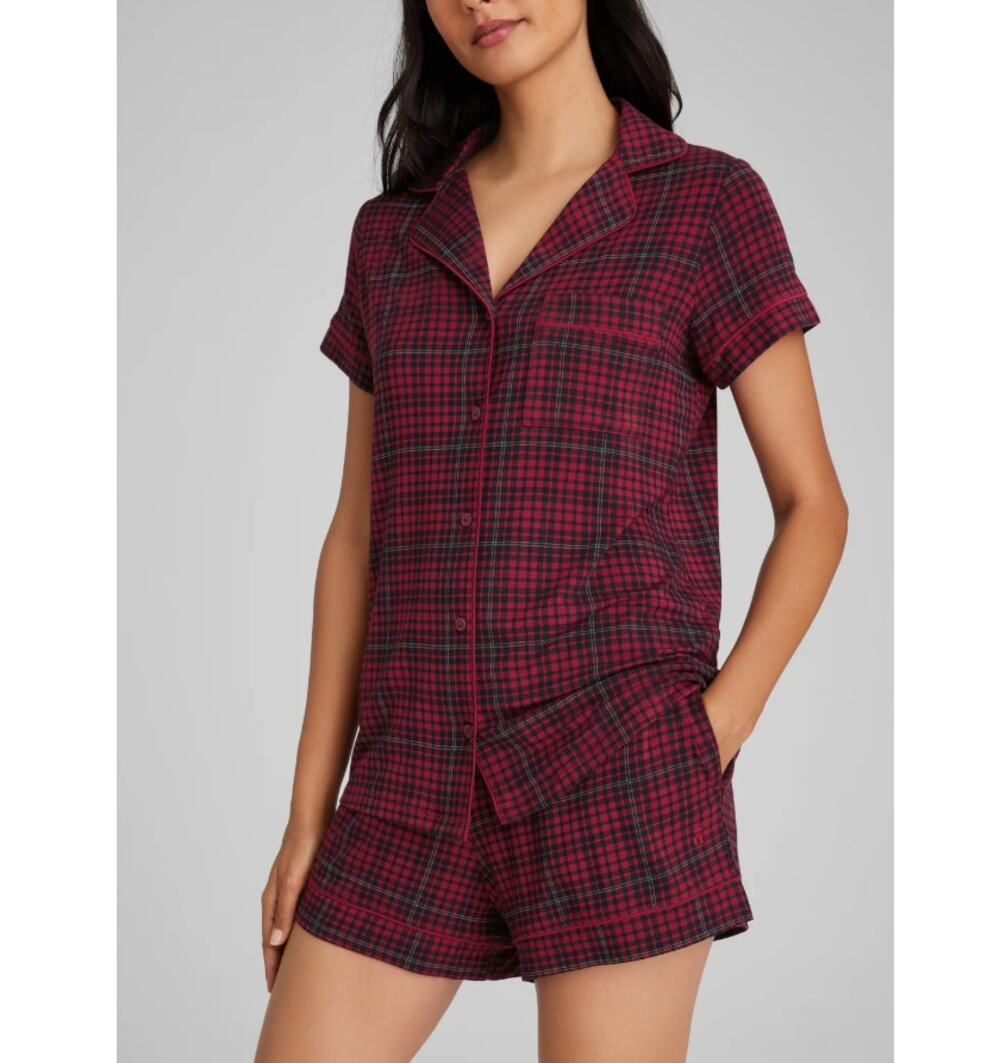 Tommy John Downtime Pajama Top & Short Set Rhubarb Flannel Size S